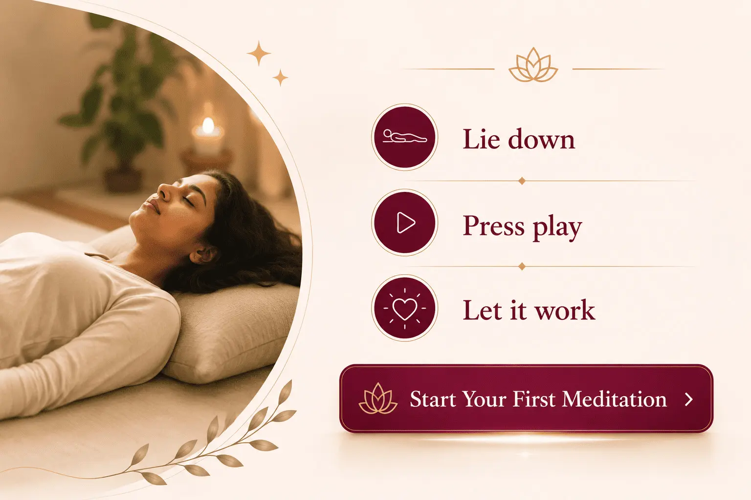 Illustration showing how to begin Alpha Healing Meditation by simply lying down, pressing play and allowing the guided meditation to work naturally.